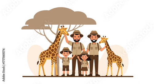Cheerful Family Safari Adventure Alongside Friendly Giraffes in the African Wilderness