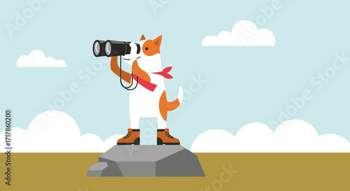 Cartoon Dog Observes The Horizon With Binoculars On A Sunny Day