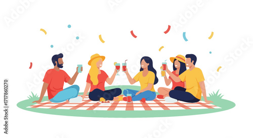 Cheerful Friends Gather Outside For a Refreshing Summer Picnic Celebration