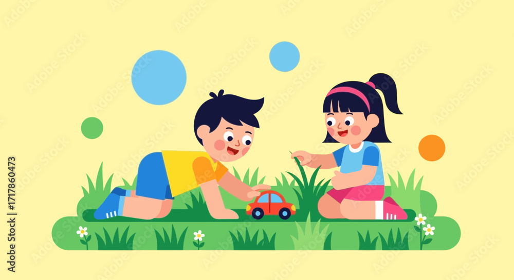 Fototapeta premium Cheerful Kids Playing With A Toy Car On The Meadow, A Simple Illustration