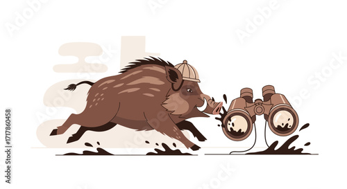 Cartoon Wild Boar Wearing A Hat Runs Toward Binoculars in Playful Illustration