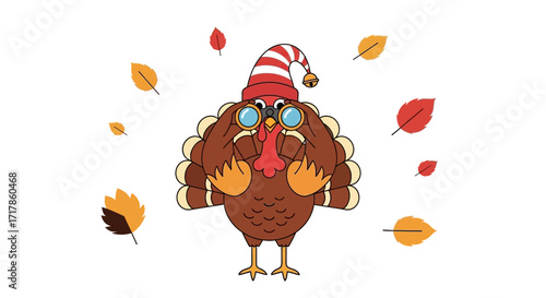 Cartoon Wildlife Turkey Wearing Hat and Binoculars, Surrounded by Autumn Leaves