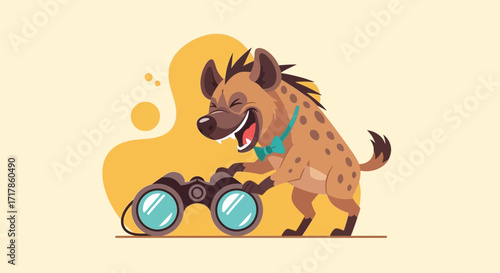 Cartoonish Hyena With Binoculars, Displaying Happiness and Surprise With Its Expression