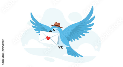 Charming Bird Delivering Love Letter: Whimsical Illustration with a Heart Symbol