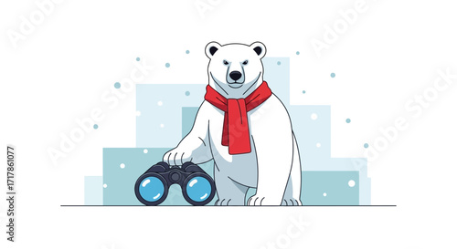 Charming Polar Bear Admiring The Landscape With Binoculars, Ready For Adventure