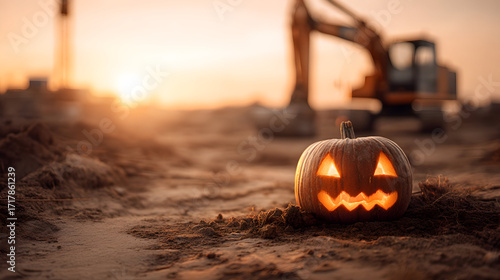 Wallpaper Mural A glowing Halloween pumpkin sits on dusty sand at a construction site during sunset—blending festive warmth with gritty industrial textures. Torontodigital.ca