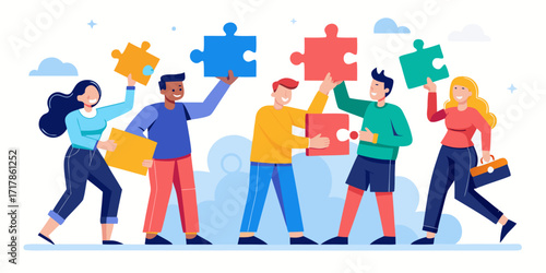 Diverse team of people collaborating and connecting puzzle pieces together