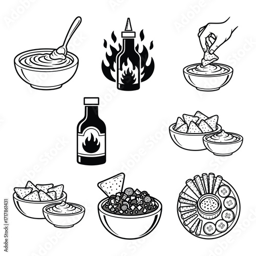 Spicy sauces and dips collection for delicious snacks and appetizers silhouette
