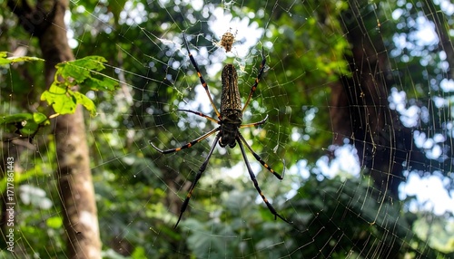 Spider on a web in a lush forest