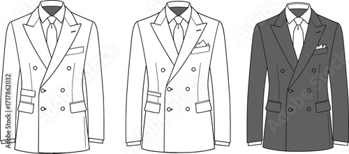 Fashion flat sketch men’s double breasted blazer with pockets, formal suit jacket with tie, clothing technical drawing, apparel design template, vector illustration for fashion
