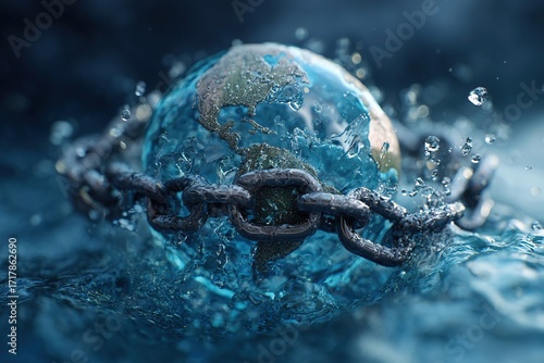 A globe surrounded by a rusty chain, partially submerged in water. The scene conveys themes of environmental protection and global issues.