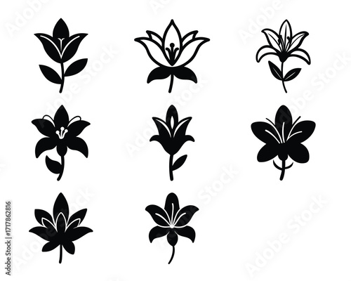 Elegant black flower silhouettes collection set of nine floral design elements on white background