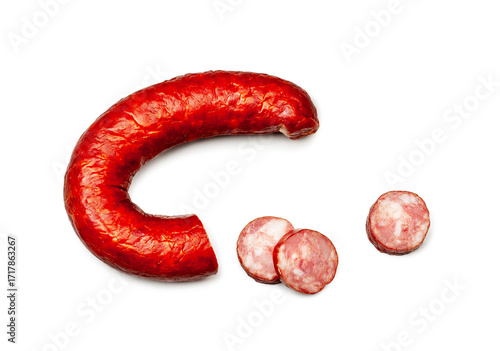 Salami sausage slices isolated on a white background,contour