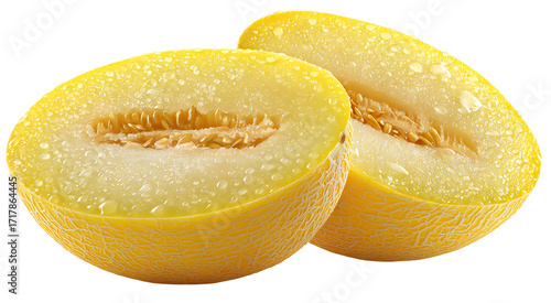 A close up of two halves of a yellow melon on a  isolated on transparent background