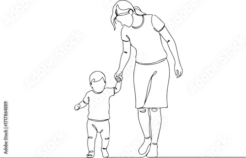 Minimal line art mother helping toddler walk