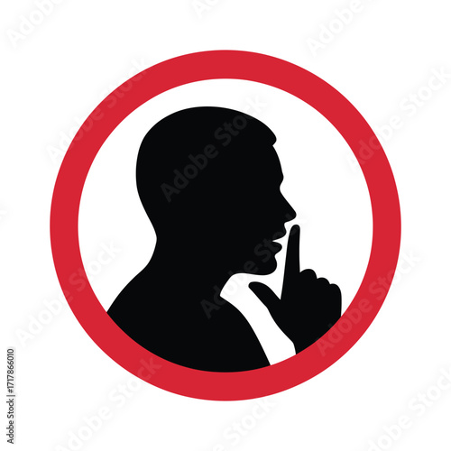 Silhouette of a man with finger to lips in a red prohibition circle