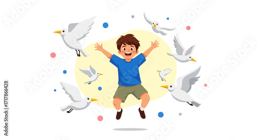 Joyful Boy Surrounded By Soaring Birds Creating Moments of Happiness and Freedom