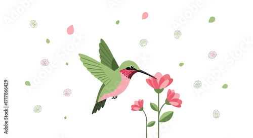 Hummingbird Approaches Blossoms with Petals in Delightful Pastel Illustration