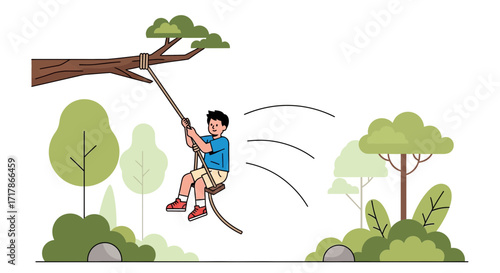 Joyful Boy Swinging From Rope Creates Delightful Moment In Natural Ecosystem