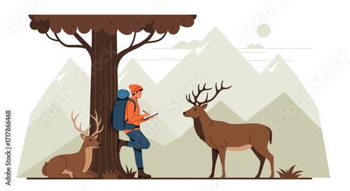 Hunter And Deer Illustration: Nature Observation, Sketching, Forest Scene, Wilderness Adventure