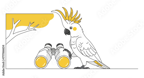 Illustrated Cockatoo Beside Binoculars Looking At Something In The Distance