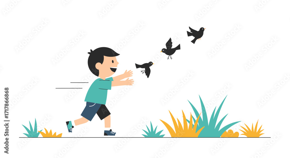 Fototapeta premium Joyful Child Chasing Birds In An Idyllic Green Meadow, Running With Blissful Expression