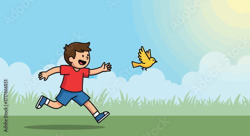 Joyful Child Chasing a Bright Yellow Bird Under a Fluffy, Cloud-Filled Sky