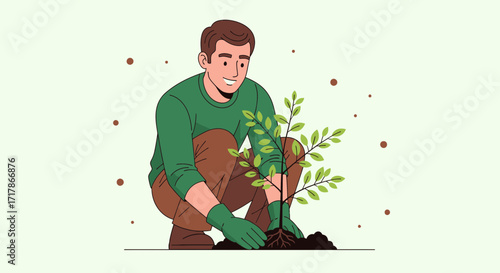 Illustration Of A Man Planting A Tree In A Sustainable and Eco-Friendly Action