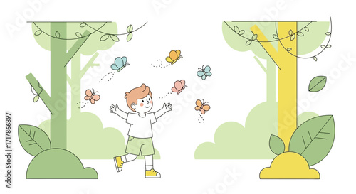 Joyful Child Chasing Butterflies in a Lush Forest, Filled With Happiness and Wonder