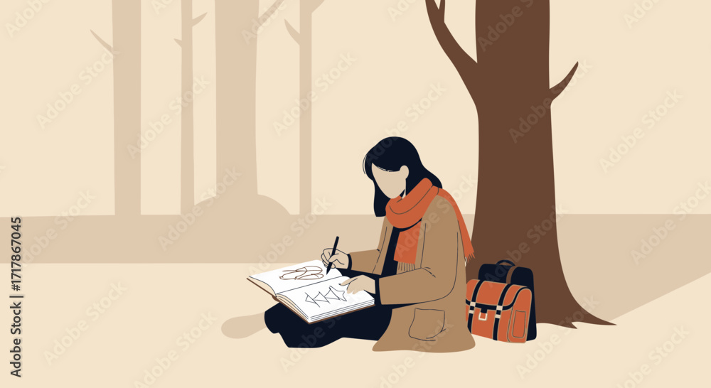 Fototapeta premium Illustration Of An Artist Drawing In A Forest, Under A Tree, With A Bag Nearby