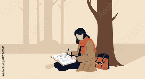 Illustration Of An Artist Drawing In A Forest, Under A Tree, With A Bag Nearby