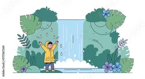 Joyful Child Embraces Rainfall Near Waterfall in Vibrant Illustrated Scene