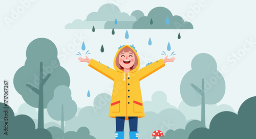 Joyful Child Embraces Rain, Celebrating Happiness And The Wonders Of Nature In The Outdoors