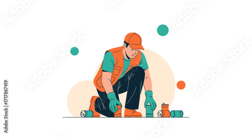 Illustrative Depiction Of A Volunteer Collector Arranging Cans Against A White Background
