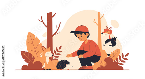 Illustrative Depiction Of A Young Person Interacting With Forest Creatures In Nature's Embrace