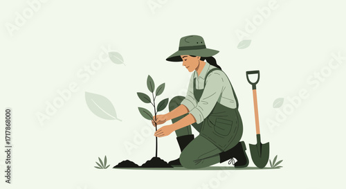 Illustrative Portrayal Of A Woman Gardening, Planting A Sapling In Earth, Outside