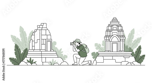Illustrative Representation of Traveler Photographing Ancient Temple Architecture Outdoors