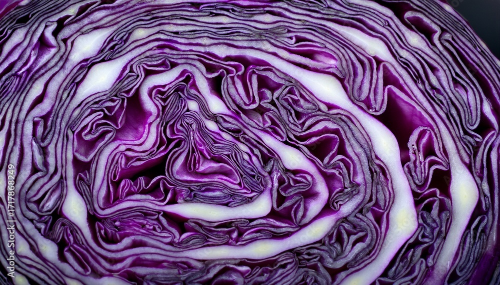 Obraz premium Closeup Of Vibrant Purple Cabbage Texture Showing Intricate Swirling Patterns And Layers Against A Dark Background For A Striking Visual Contrast