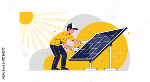 Illustrative Worker Installing Solar Panel Generating Clean Energy Under Vivid Daylight