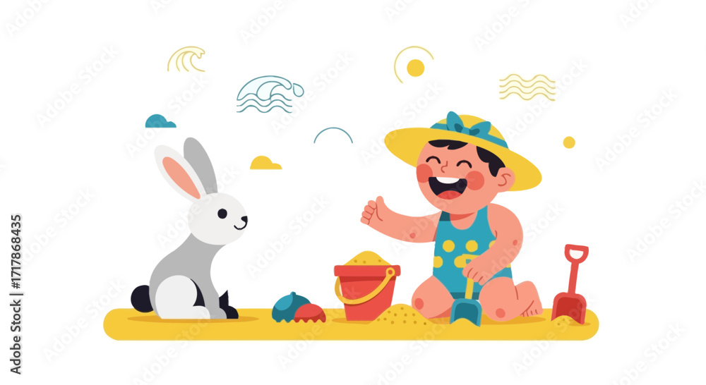 Naklejka premium Joyful Child Playing With Rabbit At Beach Side In Summer Time Illustration
