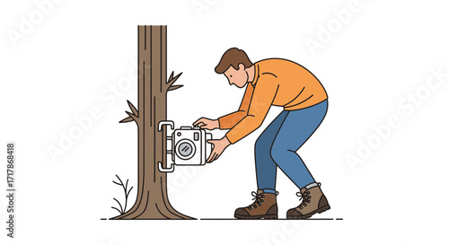 Installing Camera Equipment Outdoors Amidst Nature, Wildlife Observation, And Environmental