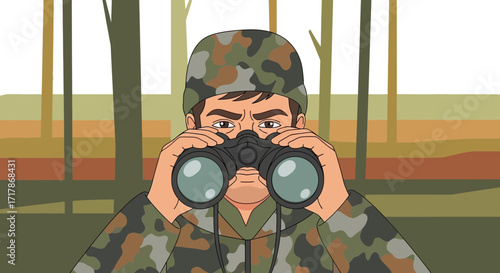 Intense Soldier Observing with Binoculars Amidst Forest Environment Illustration