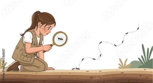 Intrigued Young Explorer Observes Ant Life Through Magnifying Glass In The Dirt Minimum 50