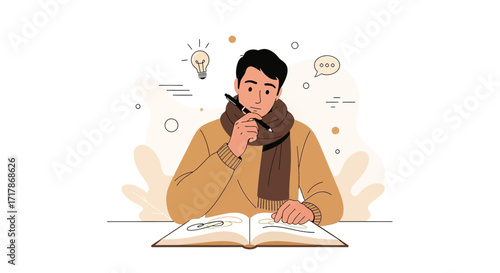 Introspective Individual Contemplating Creative Ideas While Journaling in a Thoughtful Setting