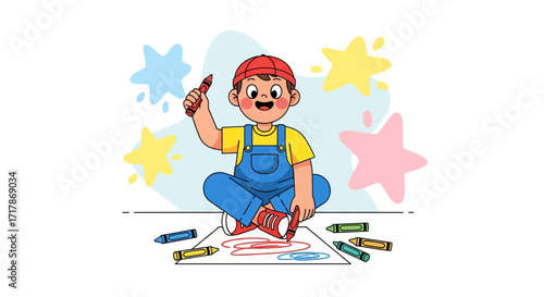 Joyful Artist: Child's Playtime With Colorful Crayons And Creative Expression