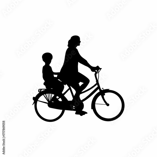 Silhouette of mother and son riding bicycle tandem isolated on white background