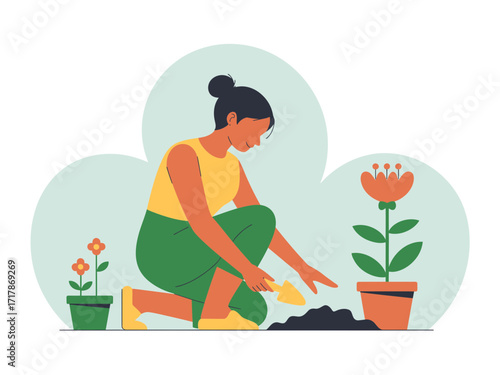 Woman nurturing plants in pots, cultivating growth and vibrant life in a peaceful garden setting