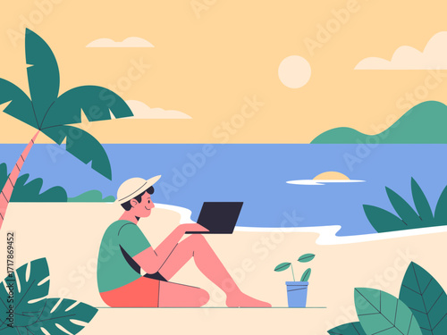 Young professional working remotely on laptop at tropical beach paradise, embracing freedom and productivity