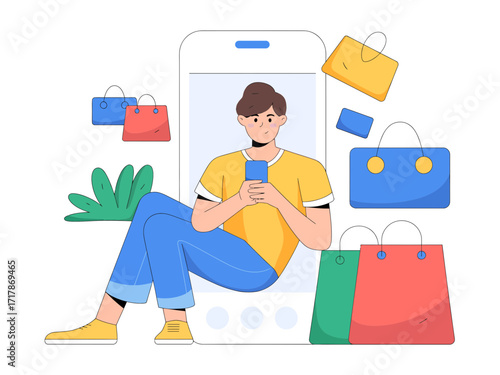 Young man happily browsing smartphone surrounded by colorful shopping bags, embracing modern online retail.