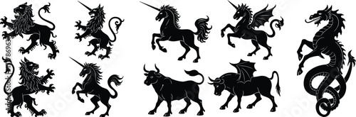 Heraldic lions unicorns bulls dragons, mythical creatures silhouettes, medieval fantasy animals, legendary beasts, powerful vector illustration, ancient mythology, black heraldry monsters